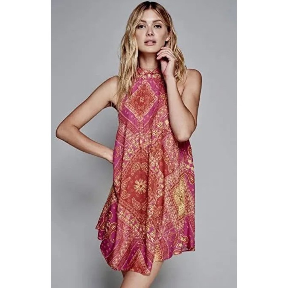 Free People Beaux Mock Neck Mini Dress In Pink Bandana Print Size Medium